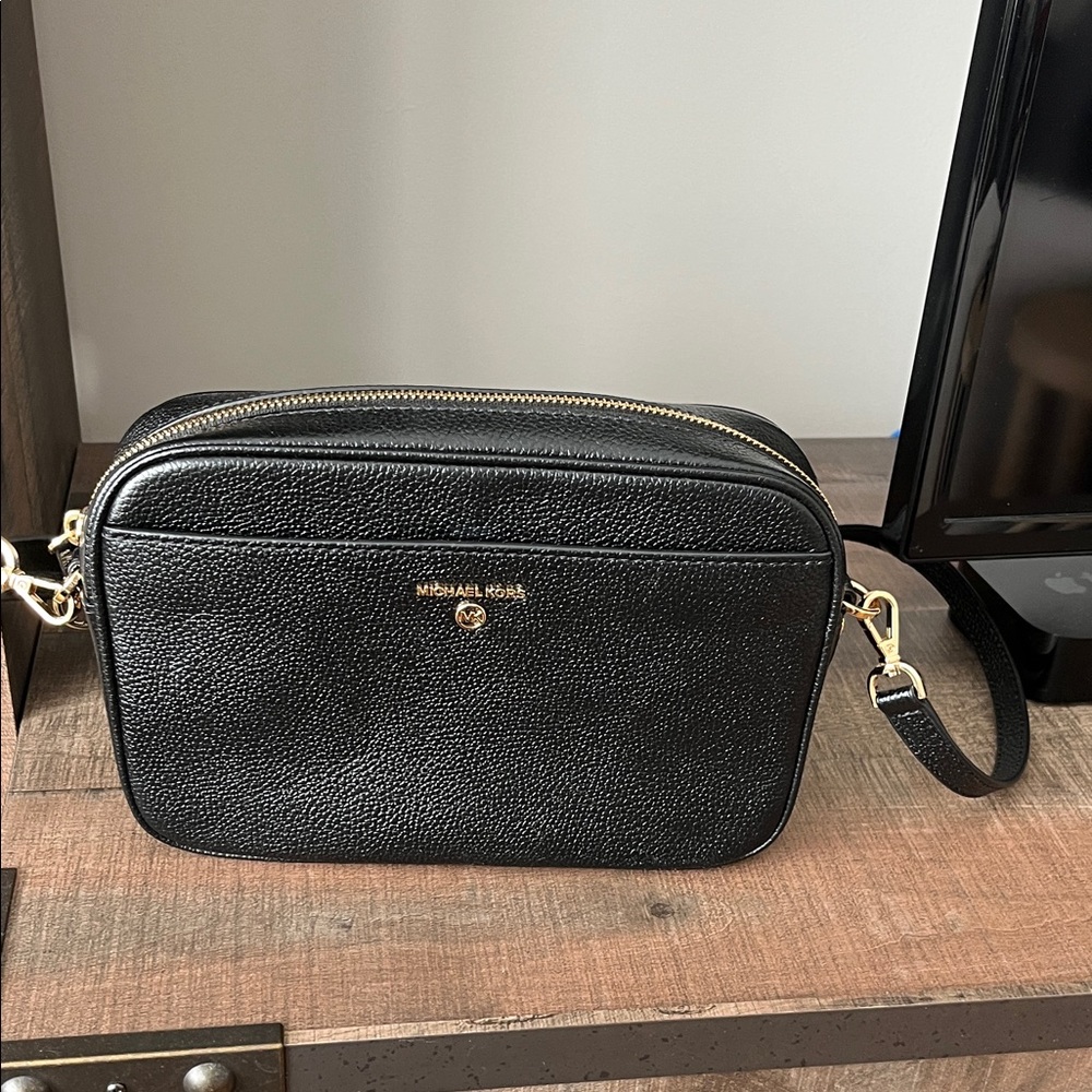 Michael Kors Black Pebbled Leather Double-Zip Camera Bag with Gold Hardware